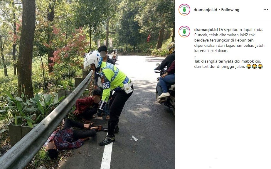 Orang mabuk yang dikira korban kecelakaan. (Instagram/@dramaojol.id)