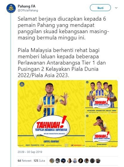 Pahang FA beri selamat kepada Saddil Ramdani. (Twitter/@officialPahang).