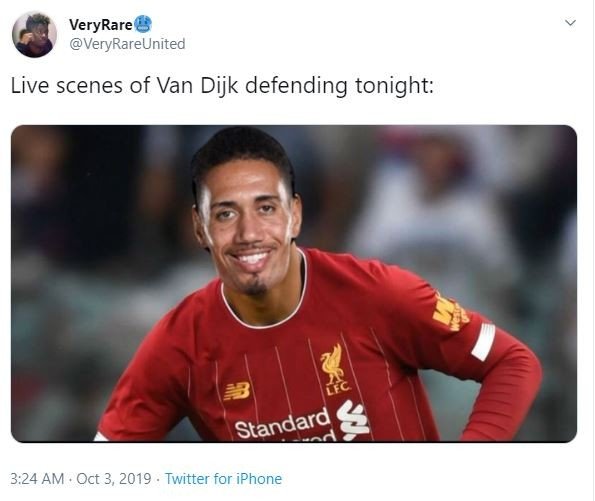 Virgil Van Dijk jadi olok-olokan warganet di lini massa Twitter. (Twitter/@VeryRareUnited)
