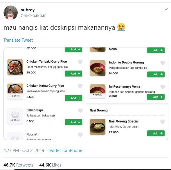 Kocak, Deskripsi Makanan di Aplikasi Ojek Online Ini Bikin Tepuk Jidat. (Twitter/@nickoakbar)