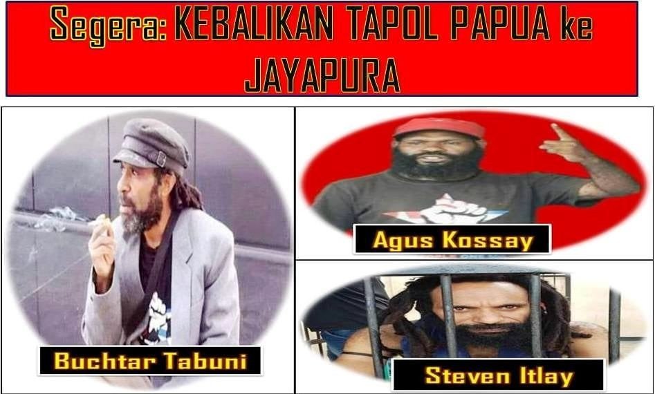 Para aktivis politik yang kekinian ditahan dan mau dibawa ke Kaltim itu ialah Ketua Pusat KNPB Agus Kossay, Ketua KNPB Mimika Steven Itlay, dan Ketua II Legislatif ULMWP Buchtar Tabuni. [Jubi.co.id]