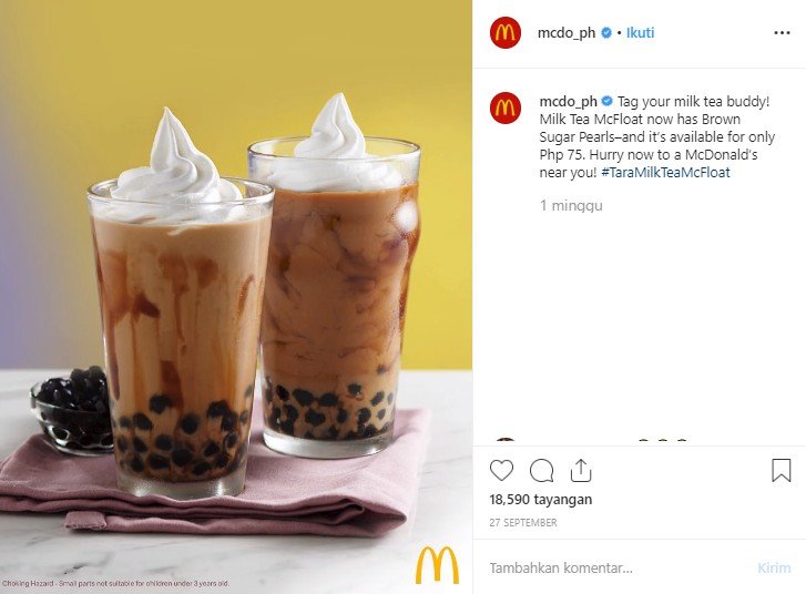 McDonalds Filipina luncurkan menu baru Milk Tea McFloat dengan boba. (Instagram/@mcdo_ph)