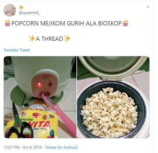 Cara membuat popcorn ala bioskop versi warganet. (Twitter/queentief_)