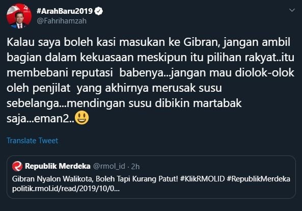 Cuitan Fahri Hamzah. (Twitter)