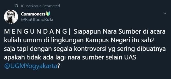 Cuitan si pengunggah surat undangan kuliah umum UAS. (Twitter)