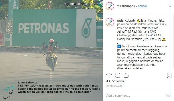 Pembalap Malaysian Cub Prix Selebrasi dengan Goyangan yang Sedang Viral. (Instagram/msiancubprix)