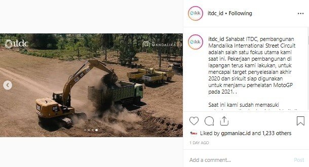 Proses Pengerjaan Sirkuit Mandalika, Lombok, Nusa Tenggara Barat Untuk MotoGP Indonesia 2021. (Instagram/itdc_id)