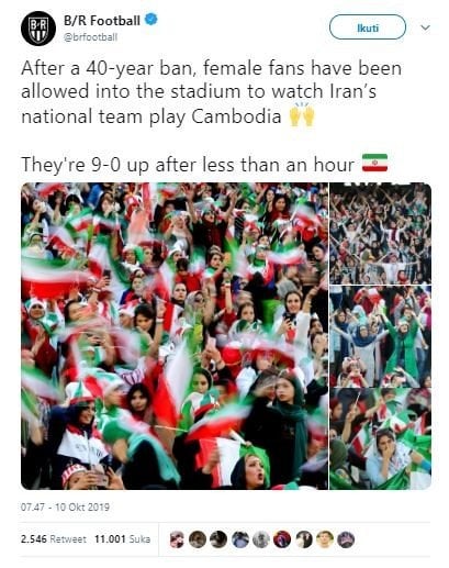 Wanita Iran menyaksikan pertandingan Iran vs Kamboja. (Twitter/brfootball).