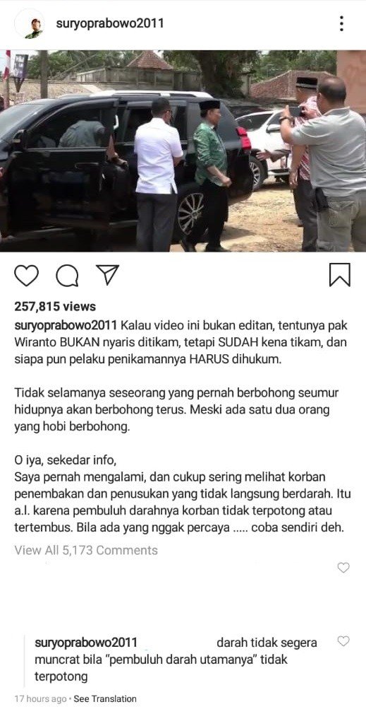 Wiranto ditusuk - (Instagram/@suryoprabowo2011)