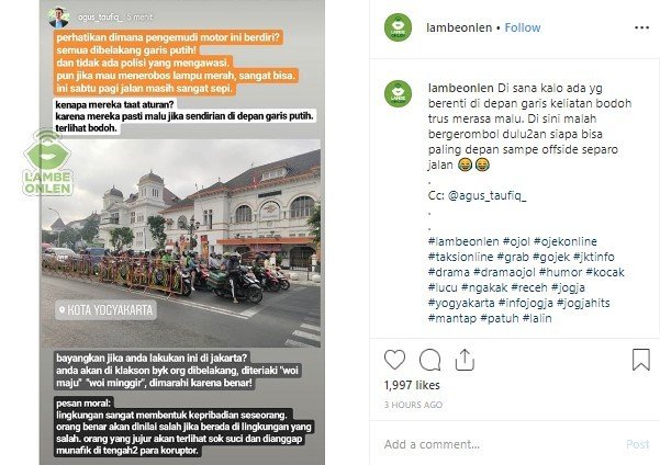 Perbandingan Perilaku Pemotor di Jakarta dan Jogja, Ngena Banget. (Instagram/lambeonlen)