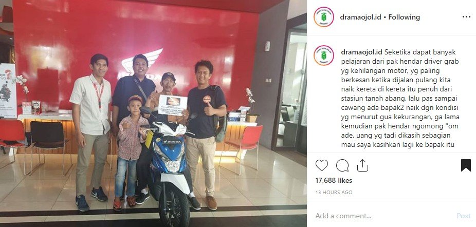 Motor ojek online yang didapat dari bantuan masyarakat. (Instagram/@dramaojol.id)