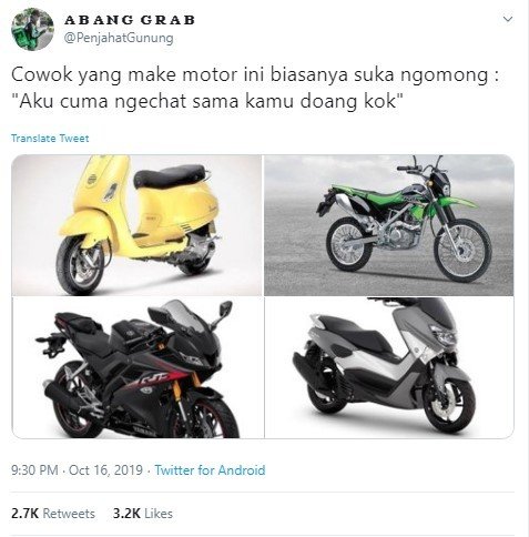 Melihat Gaya Bicara Cowok Sesuai Motornya, Setuju Nggak? (Twitter/PenjahatGunung)