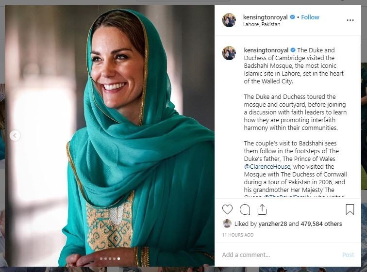 Kate Middleton Berkerudung di Pakistan (instagram.com/kensingtonroyal)