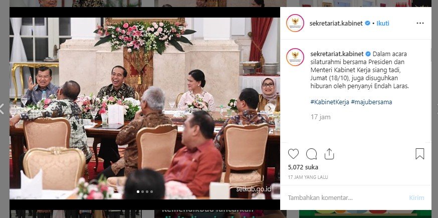 Gaya Iriana Jokowi dan Mufidah Jusuf Kalla saat silaturahmi bersama para menteri Kabinet Kerja, Jumat (18/10/2019) kemarin. (Instagram/@sekretariat.kabinet)