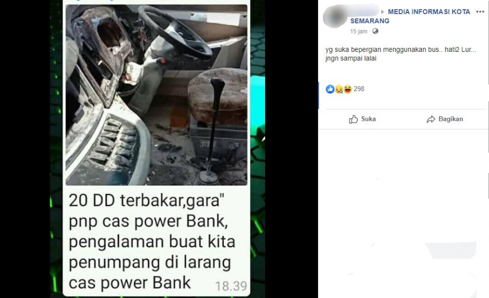 Powerbank meledak di dalam bus. (Facebook)
