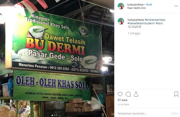 Dawet Telasih Bu Dermi, sajian legendaris langganan Presiden Jokowi. (Instagram/@luckysantoso)