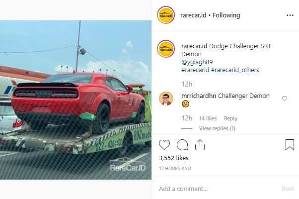 Dodge Challenger SRT Demon. (Instagram/rarecar.id)