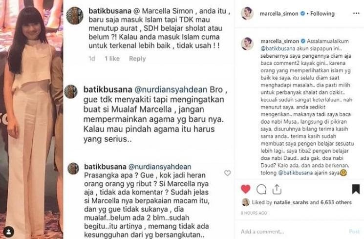 Seorang warganet menkritik gaya berpakain Marcella Simon. [Instagram]