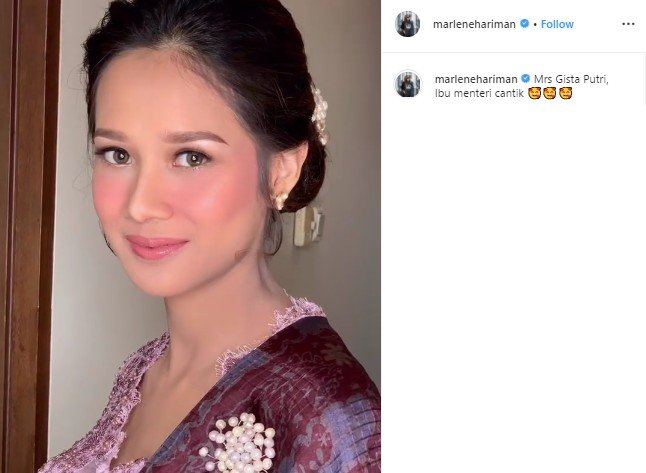Temani Suami Dilantik, Gista Putri Tampil Cantik dengan Makeup Flawless. (Instagram/@marlenehariman)
