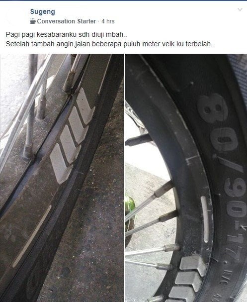 Pelek Motor Terbelah Jadi Dua. (Facebook/Sugeng)