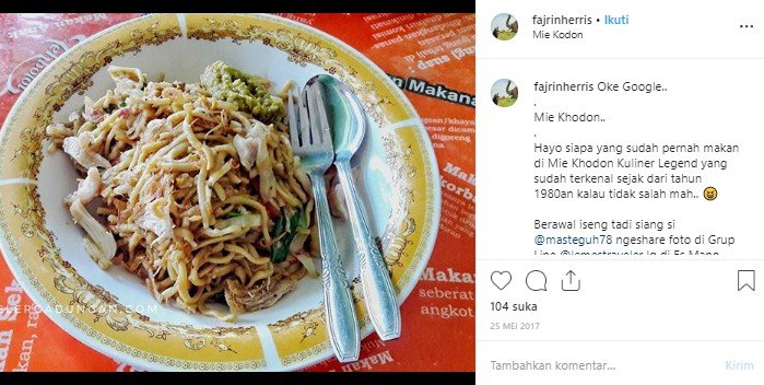 Mie Khodon khas Bandar Lampung. (Instagram/@fajrinharris)