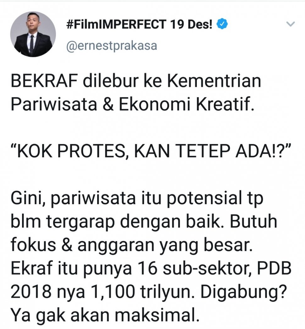 Tanggapan Ernest prakasa Soal Kementerian Pariwisata Bersatu dengan Bekraf. (Twitter/@ernestprakasa)