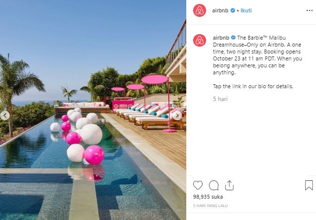 Wujudkan mimpi, rumah Barbie ini bisa disewa. (Instagram/@airbnb)