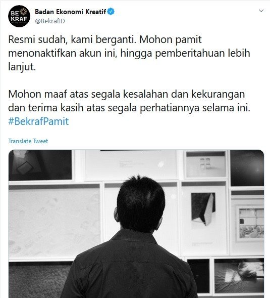 Ucapan selamat tinggal dari akun Twitter BekrafID pada Rabu (23/10/2019). [Twitter/BekrafID]