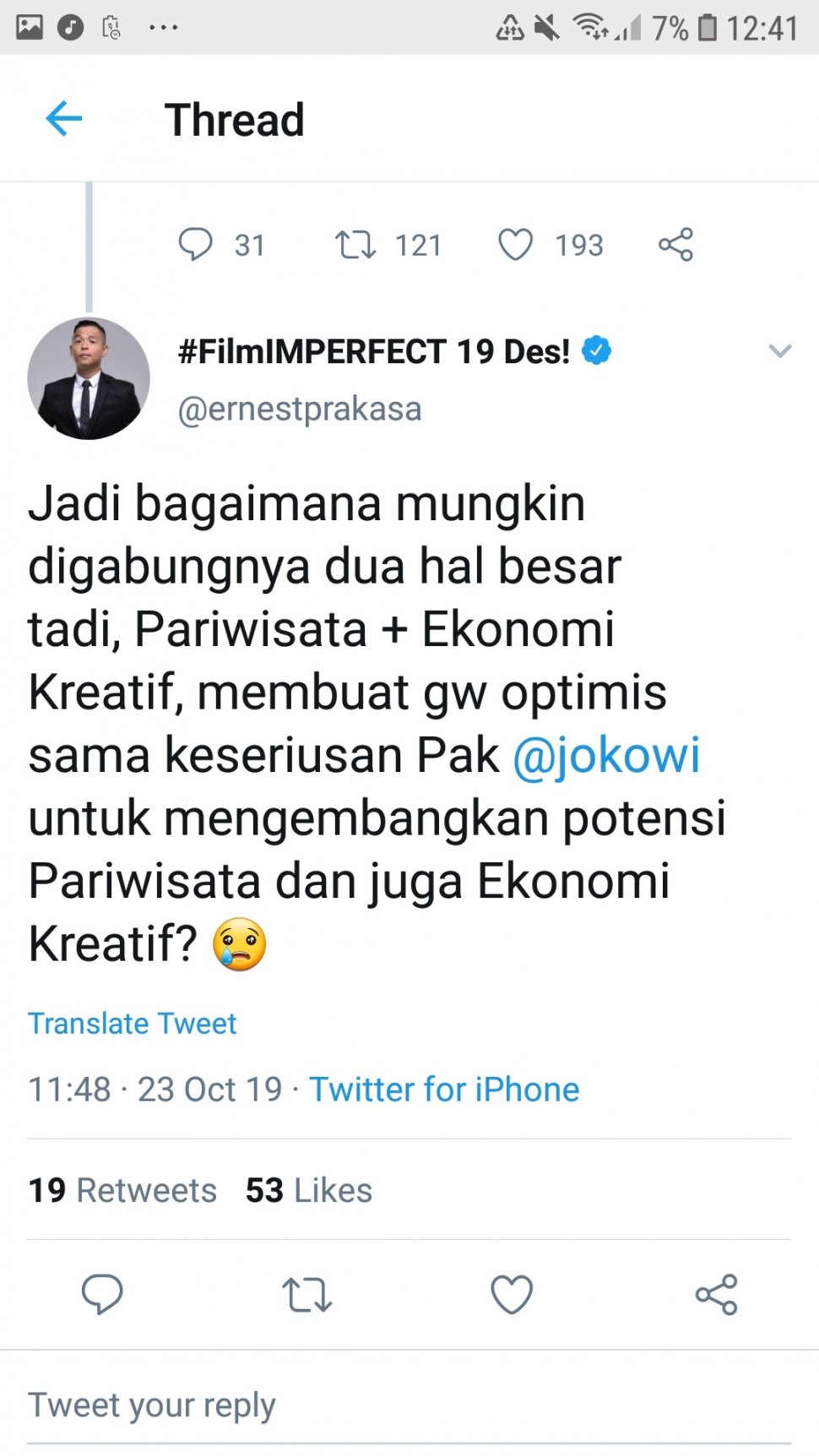 Tanggapan Ernest prakasa Soal Kementerian Pariwisata Bersatu dengan Bekraf. (Twitter/@ernestprakasa)