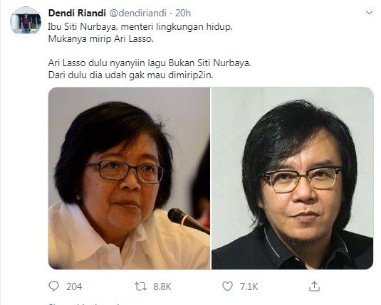 Bidik layar cuitan warganet tentang kemiripan Ari Lasso dan Menteri LHK Siti Nurbaya.