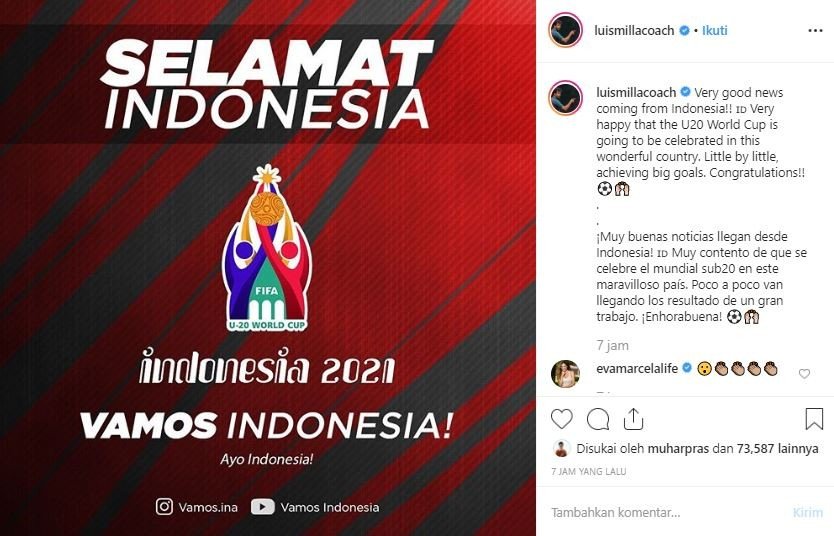 Luis Milla senang Indonesia terpilih sebagai tuan rumah Piala Dunia U-20 2021. (Instagram/@luismillacoach).