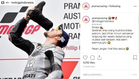 Pembalap Pramac Racing Asal Australia, Jack Miller Melakukan Selebrasi Usai Meraih Podium Tiga di MotoGP Australia di Phillip Island. (Instagram/pramacracing)
