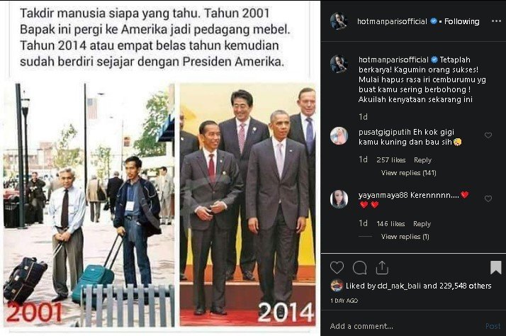 Hotman Paris unggah foto transformasi Jokowi. (Instagram/@hotmanparisoffial)