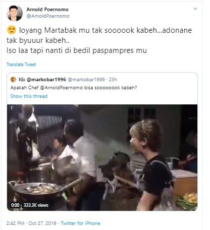 Arnold Poernomo saat ditantang admin @markobar1996 memasak ala mas Anton. (Twitter/@ArnoldPoernomo)