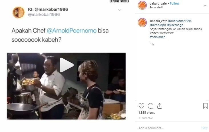 Chef Arnold dan Kaesang ditantang memasak dengan gaya bar-bae. (Instagram/@babalu_cafe)