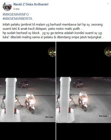 Pelaku Penjambretan di Semarang Terekam Kamera CCTV. (Facebook/Naoki)
