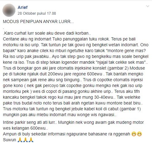 Modus baru penipuan dengan menyabotase motor. (Facebook/Arief)