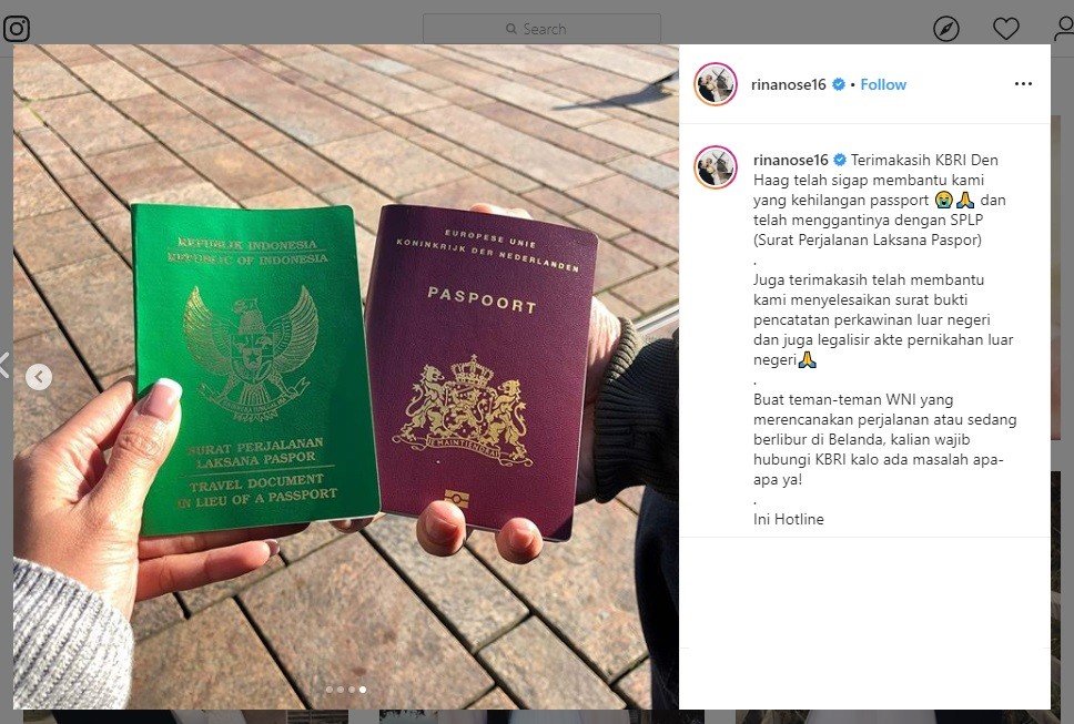 Paspor Hilang, Rina Nose Bersyukur Dibantu KBRI Den Haag. (instagram.com/rinanose16)