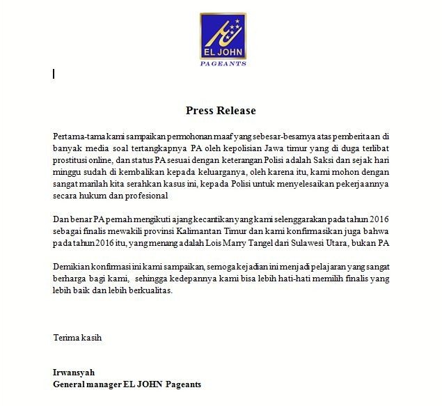 press release kasus PA putri pariwisata