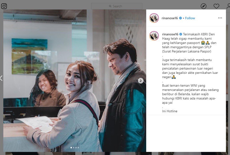 Paspor Hilang, Rina Nose Bersyukur Dibantu KBRI Den Haag. (instagram.com/rinanose16)