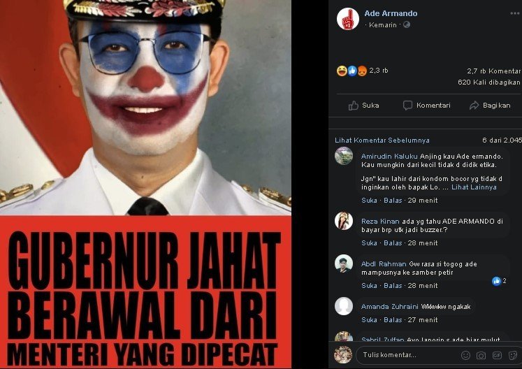 Meme Anies Baswedan berwajah joker. (Facebook/Ade Armando)