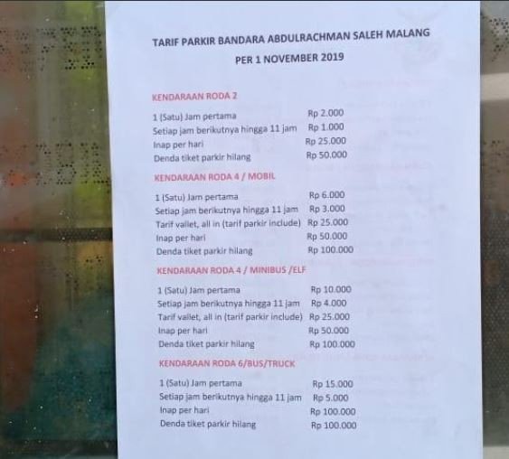 Tarif parkir reguler di Bandara Abdulrahman Saleh, Malang