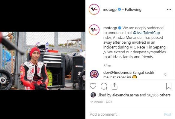 Pembalap Muda Indonesia yang Berlaga di Idemitsu Asia Talent Cup Tewas di Sirkuit Sepang, Malaysia pada Sabtu (2/11/2019). (Instagram/motogp)