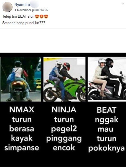 Meme motor yang membuat pembonceng terkena encok. (Facebook)
