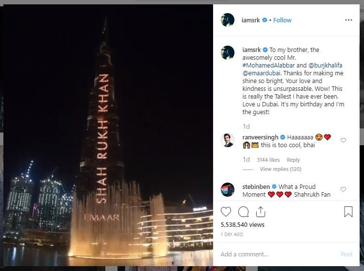 Ulang Tahun Shah Rukh Khan di Burj Khalifa (instagram.com/iamsrk)