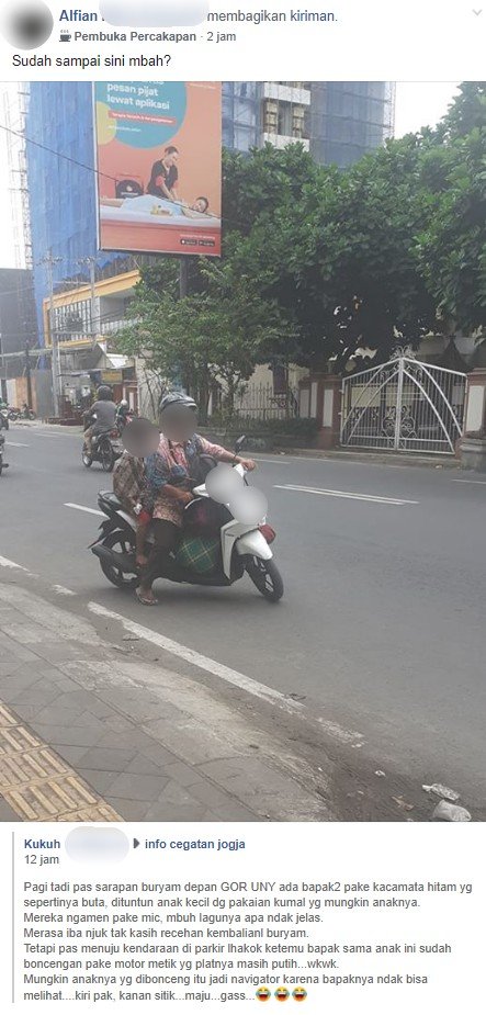 Pengamen buta naik motor yang viral di media sosial. (Facebook/Kukuh)