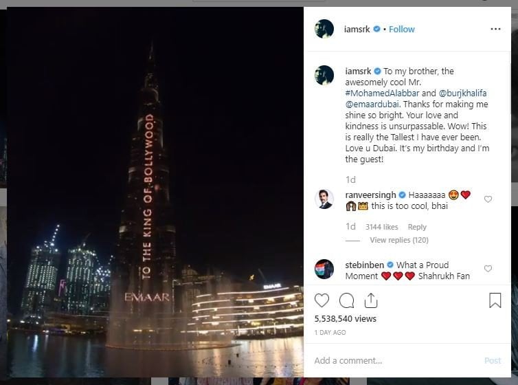 Ulang Tahun Shah Rukh Khan di Burj Khalifa (instagram.com/iamsrk)