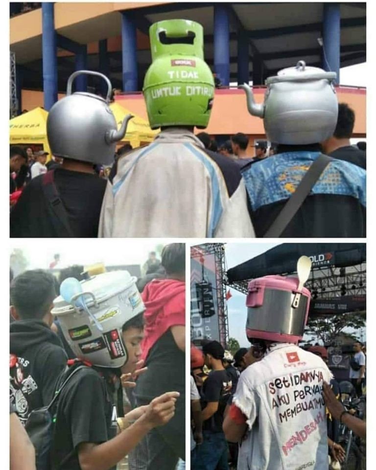 Deretan pengguna helm nyeleneh. (Facebook/Grandong OLala‎)