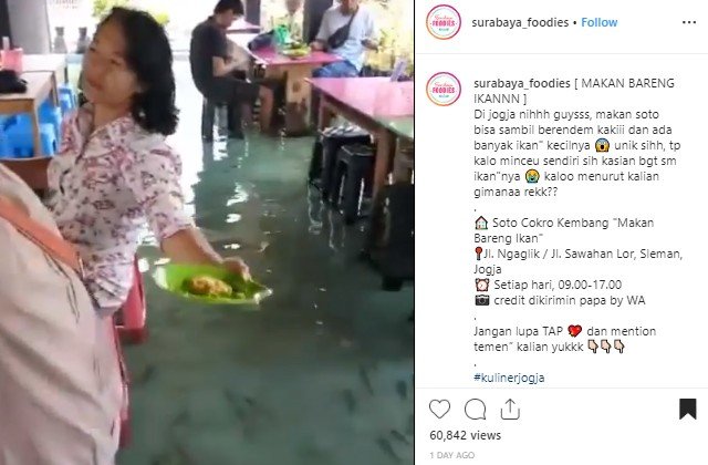 Warung soto di Sleman, Yogyakarta ini tawarkan sensasi makan di dalam kolam ikan. (Instagram/@surabaya_foodies)