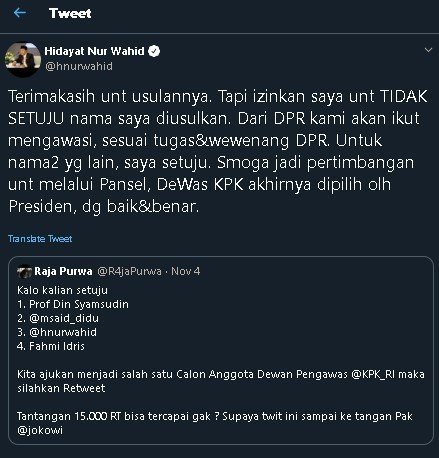 Cuitan HNW soal polling dewan pengawas KPK. (Twitter)